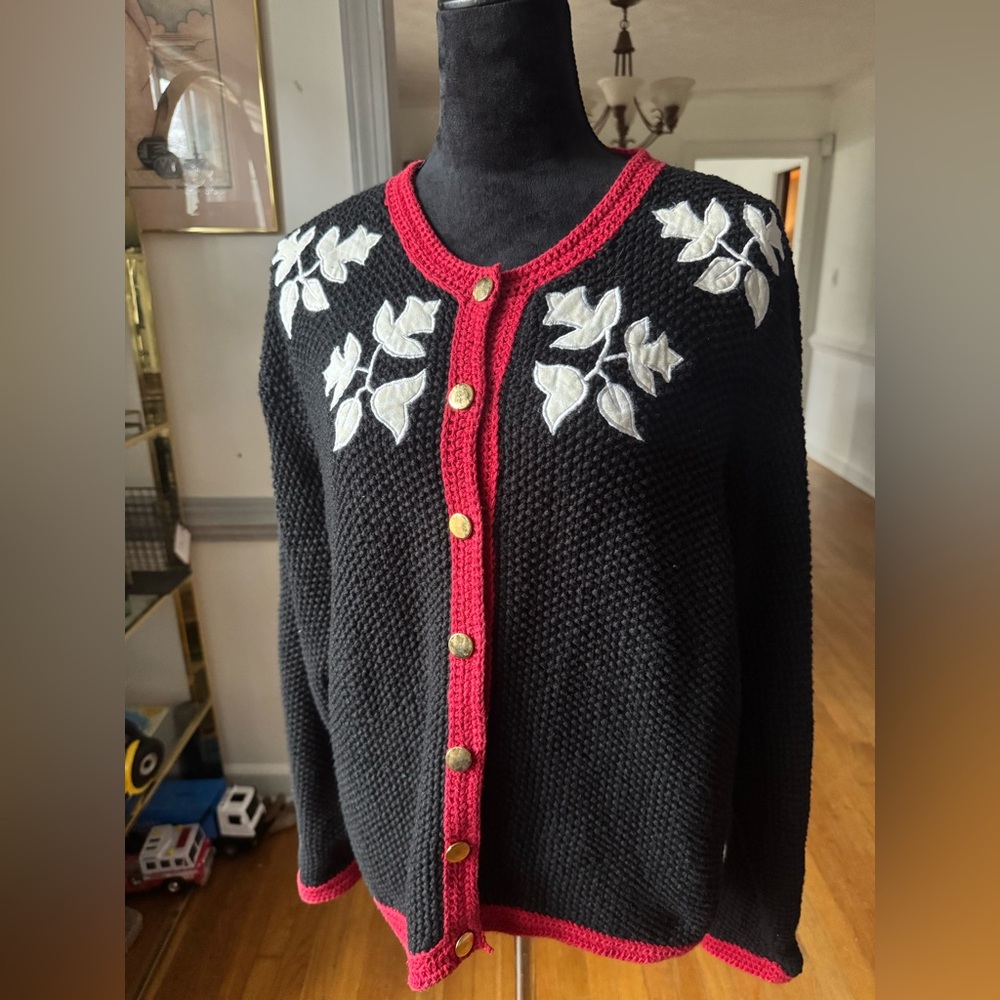 Orvis Black Cardigan with Red Trim and White Leaf Embroidery